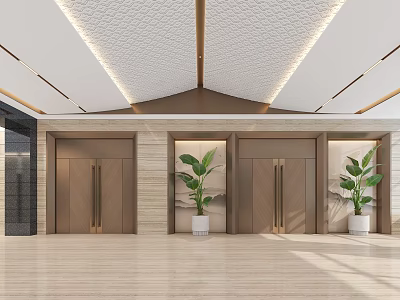 Elegant Entrance Hall Interior With Brown Double Doors Marble Walls And Potted Plants 3d model