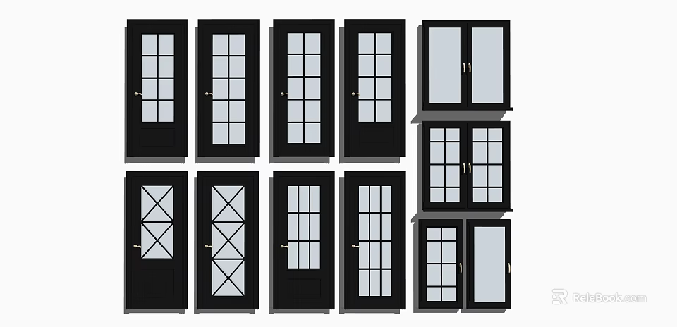 Black Doors Collection With Glass Panels Single Double And Design Patterns 3d model