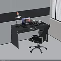 Black Modern Desk Setup With Laptop Desk Lamp And Office Chair