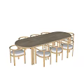 Modern Wooden Oval Dining Table With Light Upholstered Chairs And Minimalist Design Set