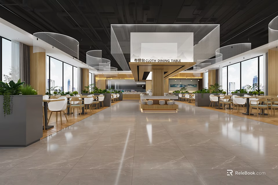 Modern Restaurant Interior With Open Layout Large Windows Green Plants Wooden Tables And Marble Floors 3d model 