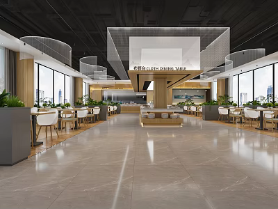 Modern Restaurant Interior With Open Layout Large Windows Green Plants Wooden Tables And Marble Floors 3d model