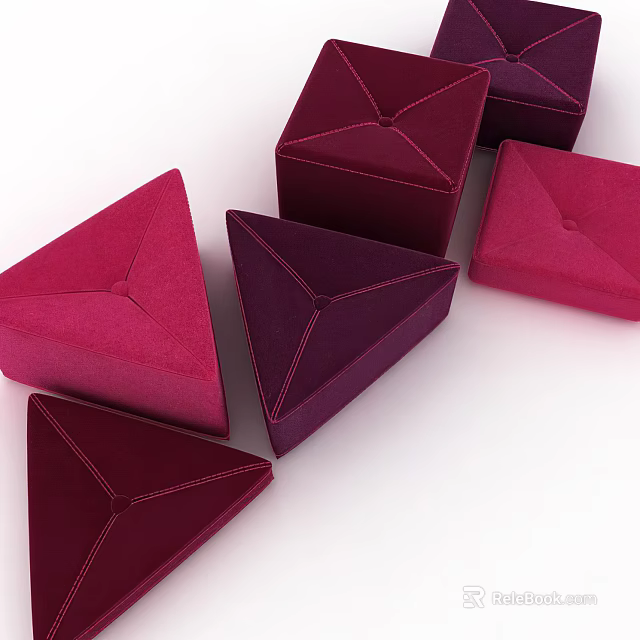 Red And Purple Velvet Sofa Stools With Geometric Triangular Design And Stitched Details 3d model 