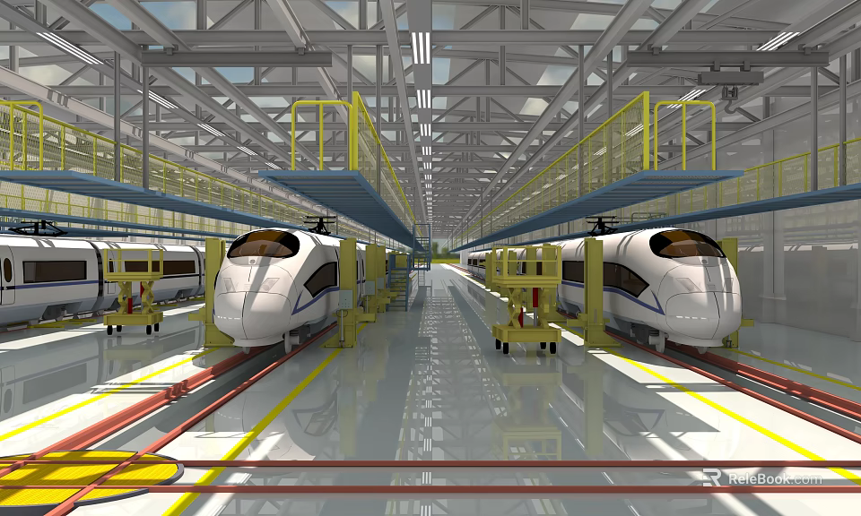 High Speed Trains In Modern Maintenance Workshop With Yellow Railings And Metal Structures 3d model 