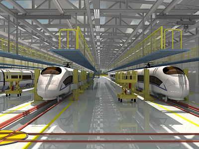 High Speed Trains In Modern Maintenance Workshop With Yellow Railings And Metal Structures 3d model
