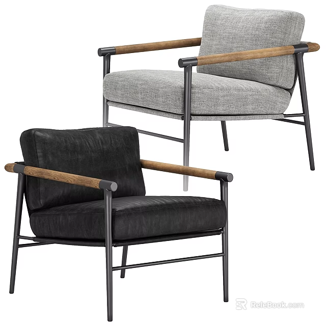 Modern Accent Chairs With Wooden Armrests And Metal Frames In Gray Black 3d model 