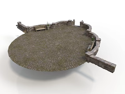 Circular Stone Paved Plaza With Surrounding Stone Walls And Wooden Benches 3d model