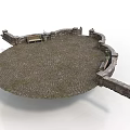 Circular Stone Paved Plaza With Surrounding Stone Walls And Wooden Benches