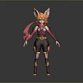 Vibrant Game Cinematic Character with Fox Ears Orange Hair Red Brown Outfit Holding Weapon
