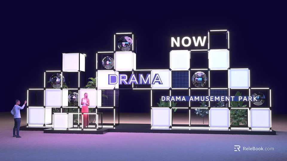 Illuminated Event Entrance with NOW Drama Sign and Cube Structure for Amusement Park 3d model 