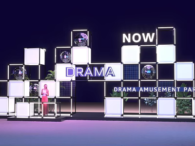 Illuminated Event Entrance with NOW Drama Sign and Cube Structure for Amusement Park 3d model
