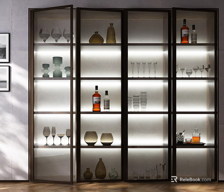 Modern Elegant Wine Cabinet Design With Glass Doors Lighting Wine Bottles Wine Glasses And Vases 3d model 