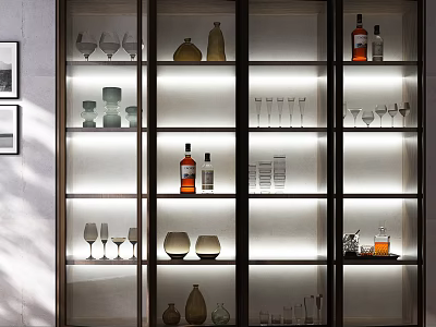 Modern Elegant Wine Cabinet Design With Glass Doors Lighting Wine Bottles Wine Glasses And Vases 3d model