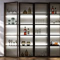 Modern Elegant Wine Cabinet Design With Glass Doors Lighting Wine Bottles Wine Glasses And Vases