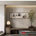 Traditional Chinese Figure Painting With Figures Landscape Hanging Wall Wooden Bench Table Lamp Bamboo Plant
