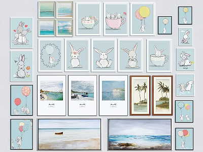 Cute Rabbit Animal Paintings with Seascape Balloons and Teacups Design Collection 3d model