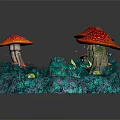 Vibrant Plant Scene Featuring Red Mushrooms With White Spots Lush Green Vegetation And Small Pond