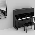 Black Upright Piano with Stool and Black White Landscape Painting in Room Interior