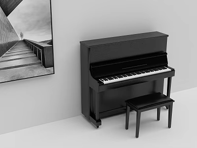 Black Upright Piano with Stool and Black White Landscape Painting in Room Interior 3d model