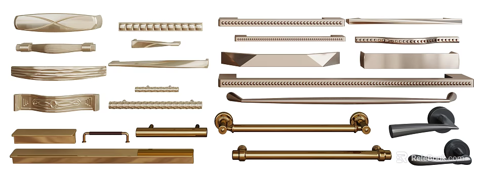 Stylish Brass Cabinet And Drawer Handles With Various Modern Designs And Shapes 3d model 
