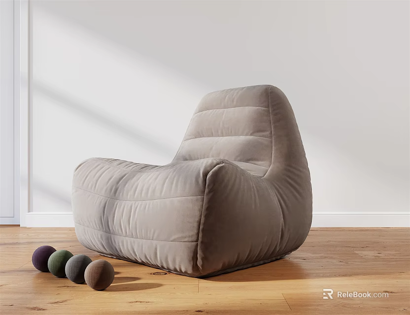 Light Gray Bean Bag Chair With Soft Fabric And Colorful Decorative Balls On Wooden Floor 3d model 