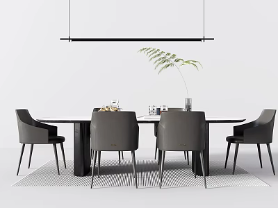 Modern Dining Table Set With Four Black Chairs Hanging Lamp And Leafy Plant 3d model
