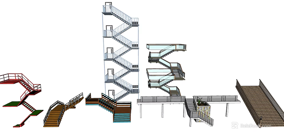 Different Staircase Design Types Featuring Spiral Straight and Platform Styles With Wood Metal Elements 3d model