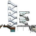 Different Staircase Design Types Featuring Spiral Straight and Platform Styles With Wood Metal Elements 3d model