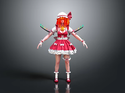 Anime Style 3D Character Model With Red Hair White Hat Pink Dress And Decorative Arms 3d model