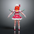 Anime Style 3D Character Model With Red Hair White Hat Pink Dress And Decorative Arms