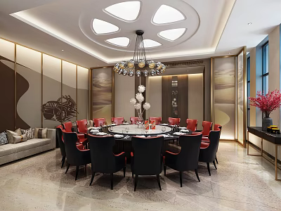 Luxurious Private Dining Room With Round Table Red Black Chairs Chandelier And Decorative Walls 3d model