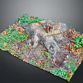 Rustic Wooden Stump and Natural Stone Artwork in Lush Green Plants with Fallen Leaves