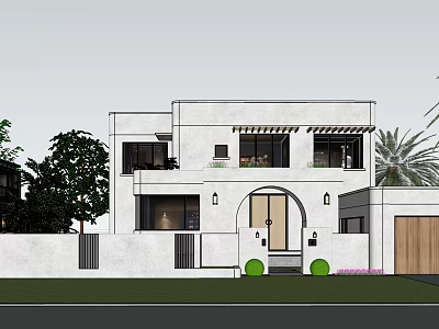 Modern Boutique Villa Exterior With White Walls Arched Doorway And Green Plants 3d model