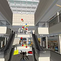 Shopping Mall Lobby Interior With Colorful Seats Glass Counter and Store Signs