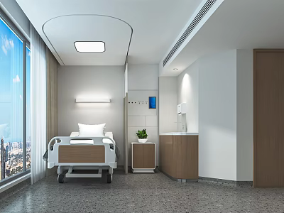 Modern Hospital Ward Featuring Hospital Bed Window With City View Nightstand And Potted Plant 3d model