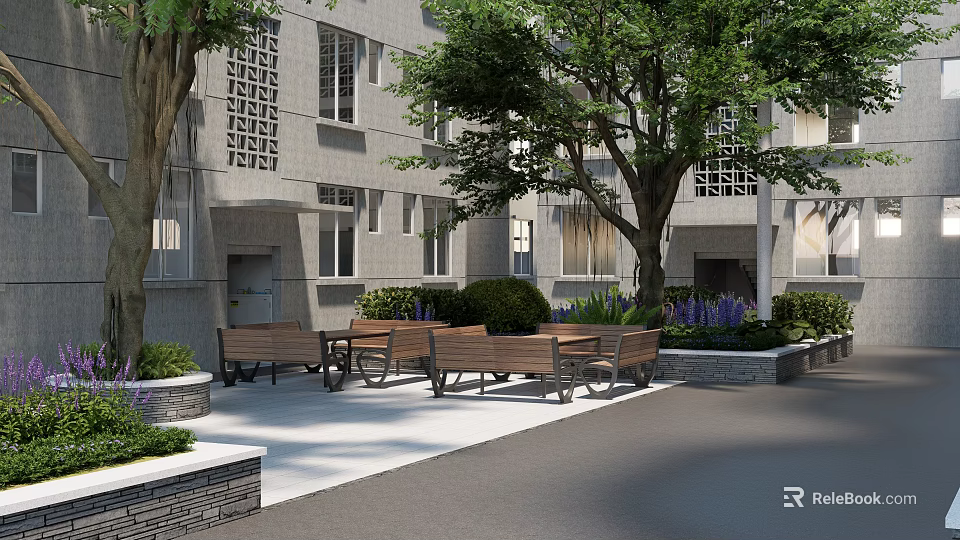 Residential Building Landscape With Trees Wooden Benches Tables Green Shrubs And Paved Area 3d model 