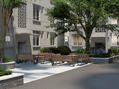 Residential Building Landscape With Trees Wooden Benches Tables Green Shrubs And Paved Area 3d model