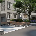 Residential Building Landscape With Trees Wooden Benches Tables Green Shrubs And Paved Area