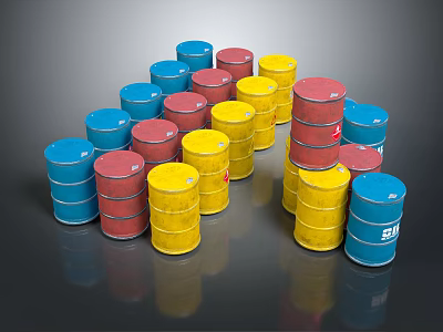 Colorful Stacked Oil Barrels In Blue Red And Yellow Arrangement 3d model