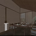 Private Dining Room Interior With Long Wooden Table Wooden Chairs Green Plant And Warm Lighting