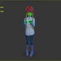 3D Model Character With Blue Hair Gray Coat Black Pants Pink Boots Holding A Cup