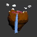 Low Poly Rocky Mountain With Snow Pink Trees Green Meadow Cabin Blue Waterfall and Clouds