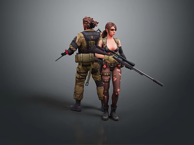 Man in tactical combat gear posing with woman holding rifle and military equipment 3d model
