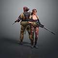 Man in tactical combat gear posing with woman holding rifle and military equipment