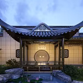 Traditional Chinese Courtyard Garden Featuring Pavilion Curved Roof Pond Lotus Rockery And Greenery