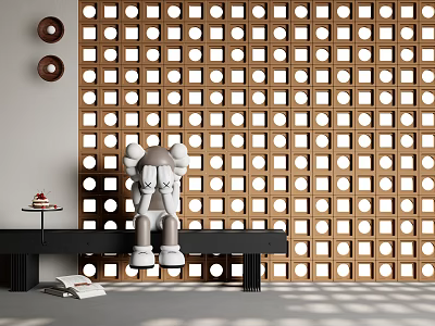 Wooden Lattice Partition with Circular Holes in Modern Interior and Decorative Figure on Bench 3d model