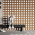 Wooden Lattice Partition with Circular Holes in Modern Interior and Decorative Figure on Bench