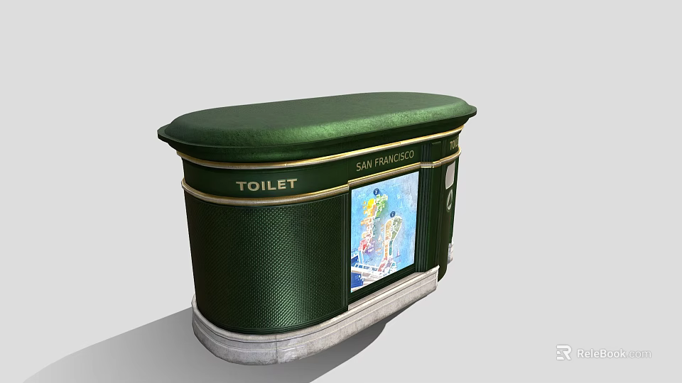 San Francisco Public Toilet With Green Exterior And Map Poster Design 3d model 