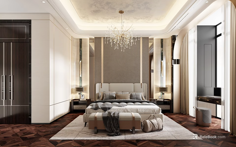 Elegant Modern Bedroom Interior With Crystal Chandelier King Bed Nightstands Accent Wall And Rug 3d model 