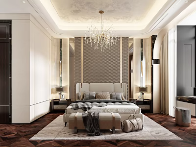 Elegant Modern Bedroom Interior With Crystal Chandelier King Bed Nightstands Accent Wall And Rug 3d model